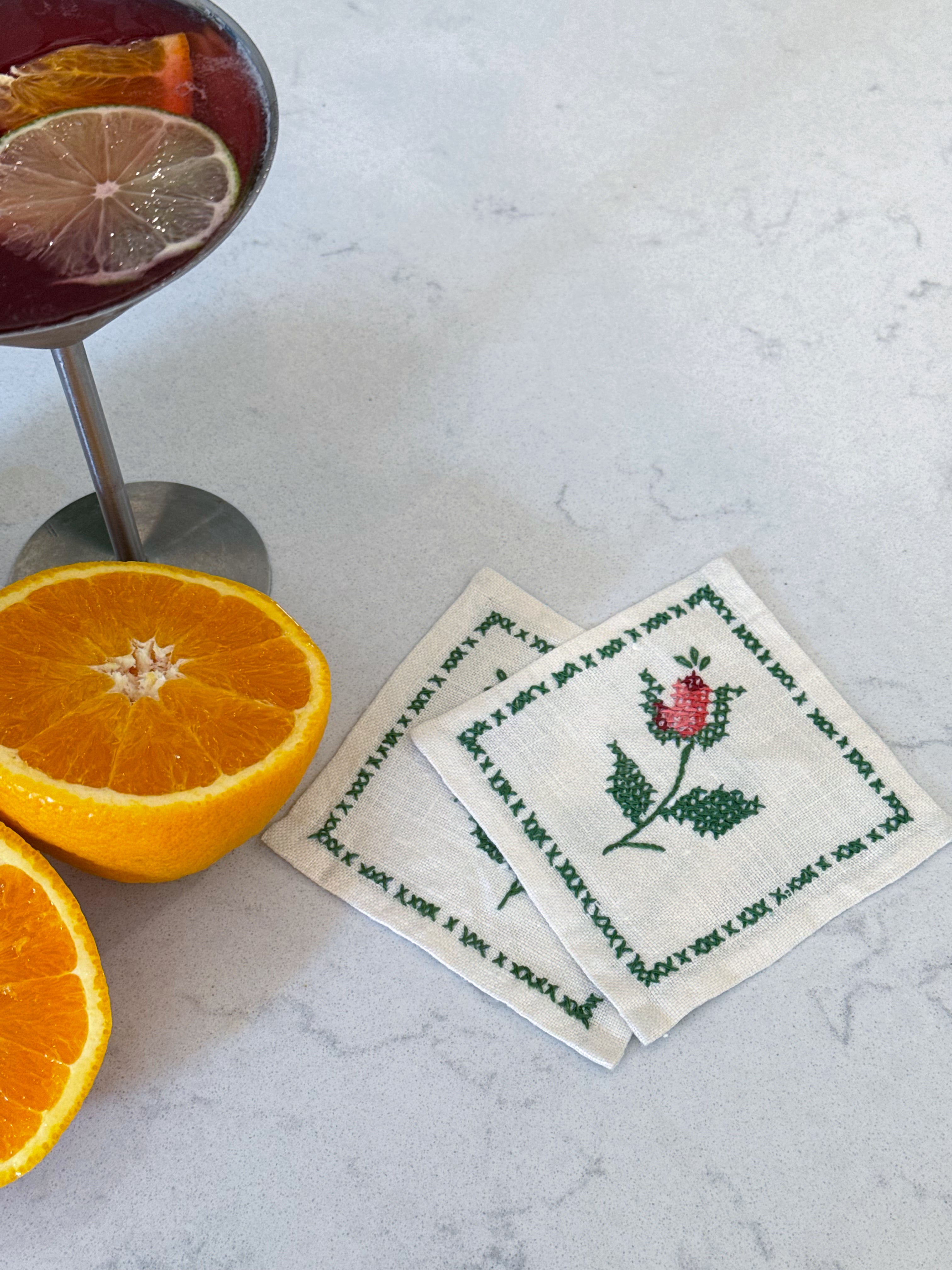 Rose Embroidered Cocktail Napkins - Set of 2