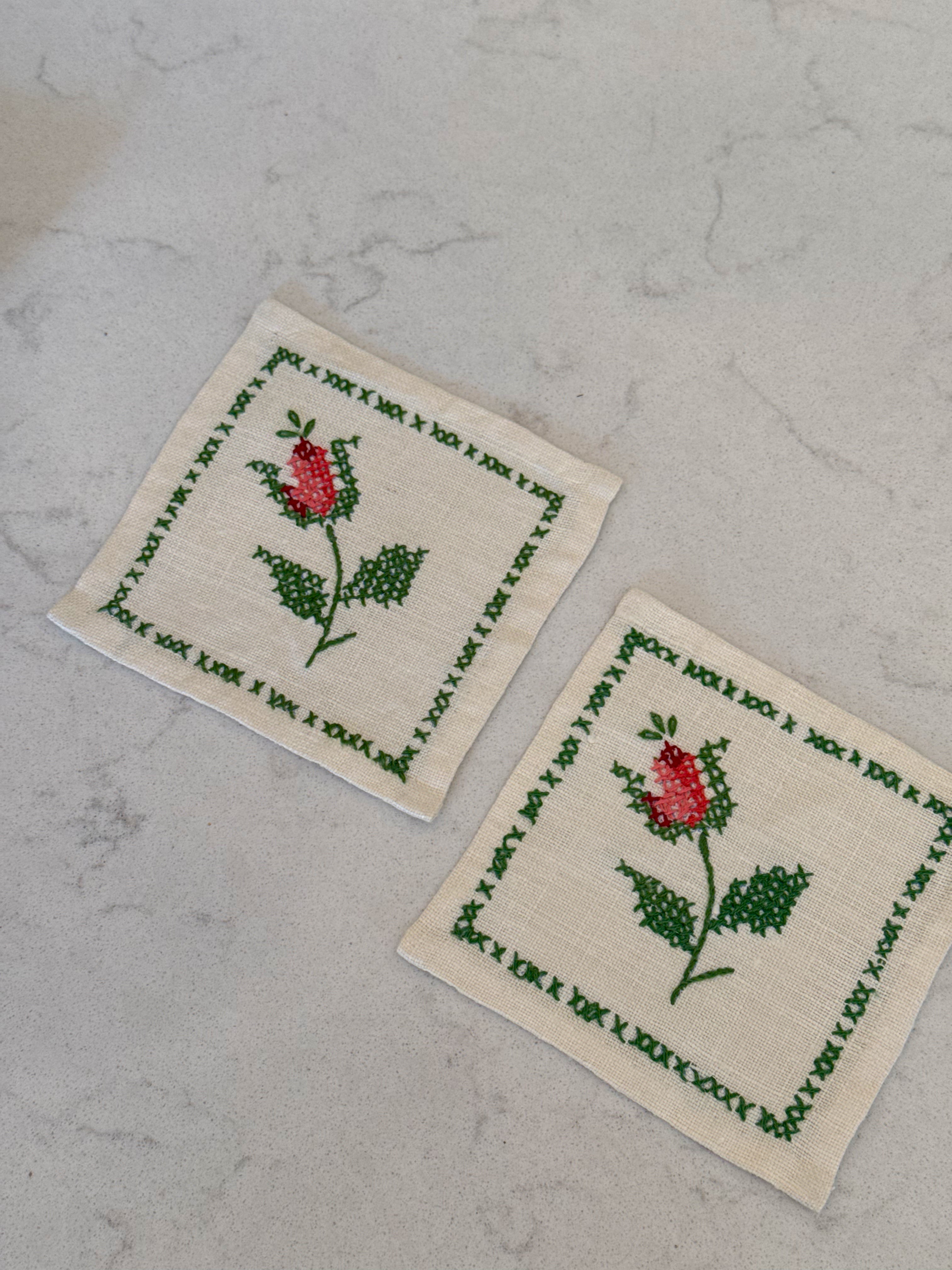 Rose Embroidered Cocktail Napkins - Set of 2